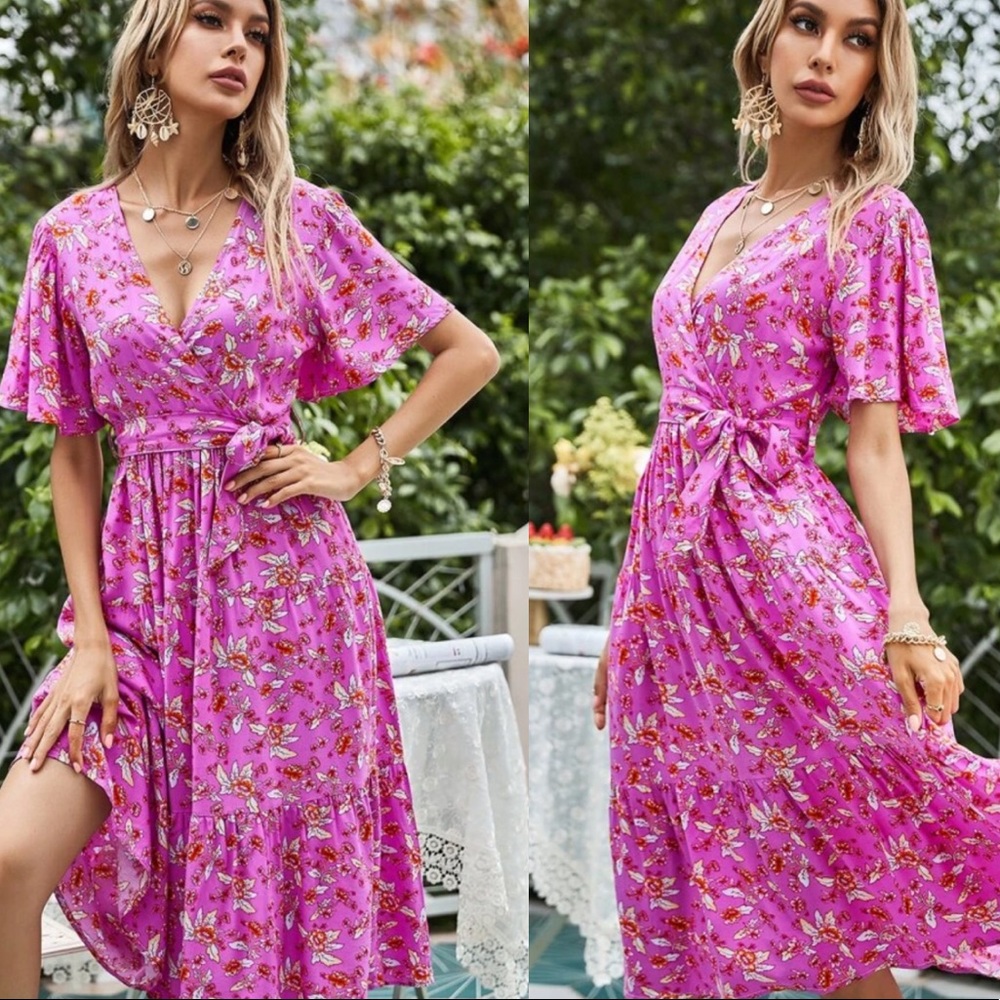 Boho floral print ruffle hem v neck belted dress - Picture 7 of 8